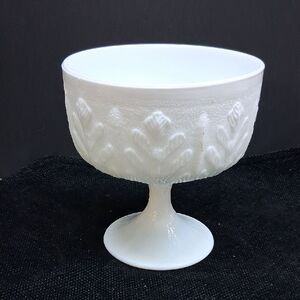 vintage FTD white milk glass pedestal compote or planter with oak leaf pattern